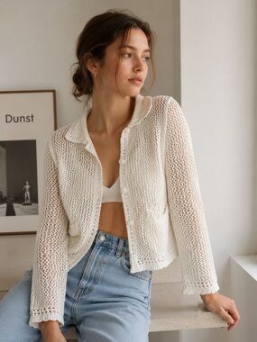 NWT Dunst Crochet Collared Cardigan Ivory Linen Cotton Open Knit Sz Small
